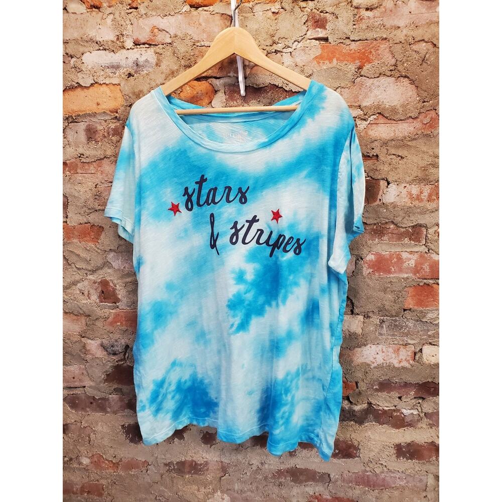 Terra & Sky Womens T-Shirt Size 1X Blue Tie Dye Stars & Stripes Graphic Tee